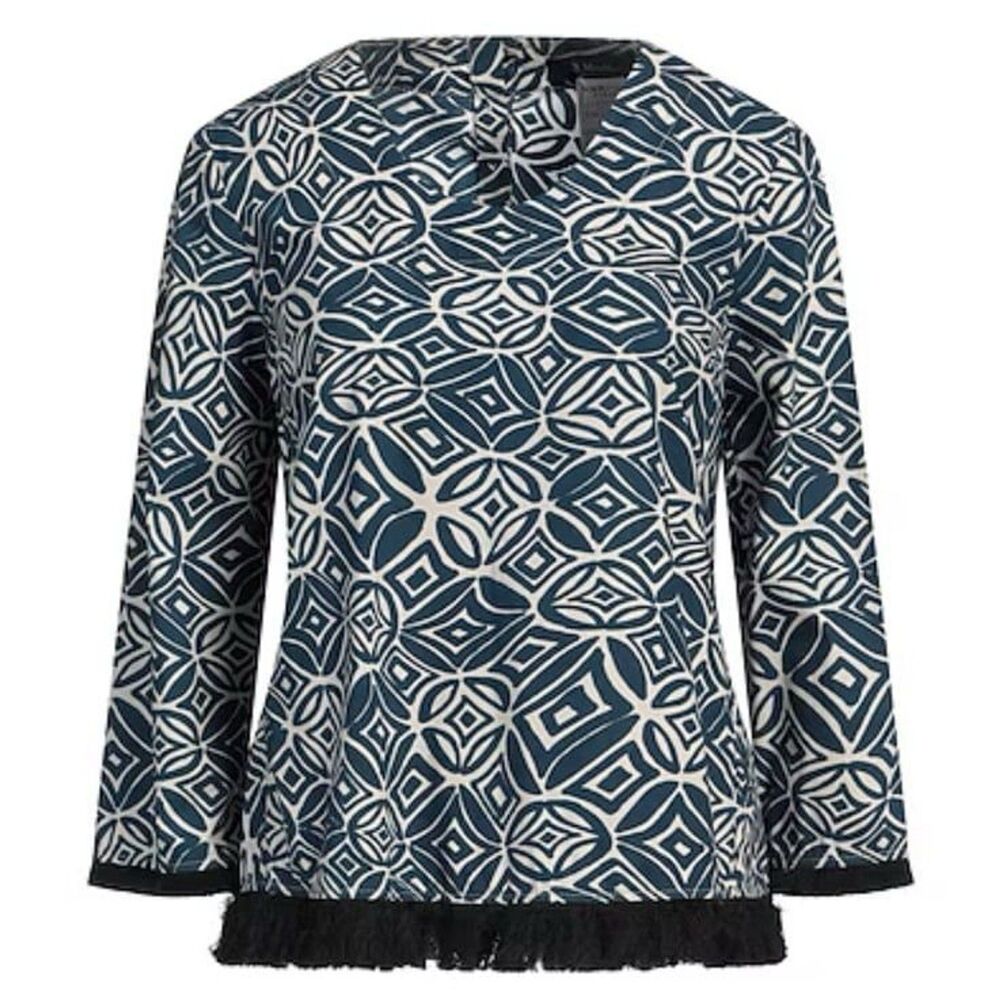 ‘S Max Mara Women's Geometric Print Fringe 3/4 Sleeve Blouse Navy White Size 8